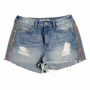 H&M Coachella Distressed Ribbon Embroidery Side Trim Raw Hem Festival Shorts - 4